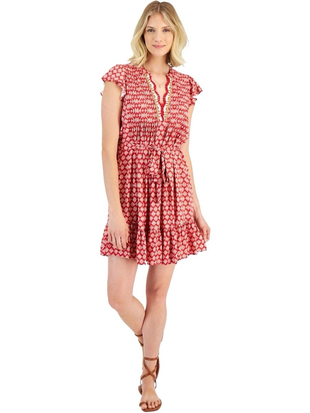 Nautica Red Printed Tie-Waist Mini Dress